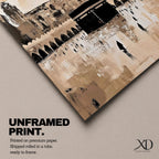 Abstract painting of the Kaaba at Masjid Al Haram in Mecca, featuring the black cubic shrine centered in the mosque courtyard with surrounding arches, minarets, and distant worshippers, rendered in warm beige and sepia tones with expressive textured brushwork.
