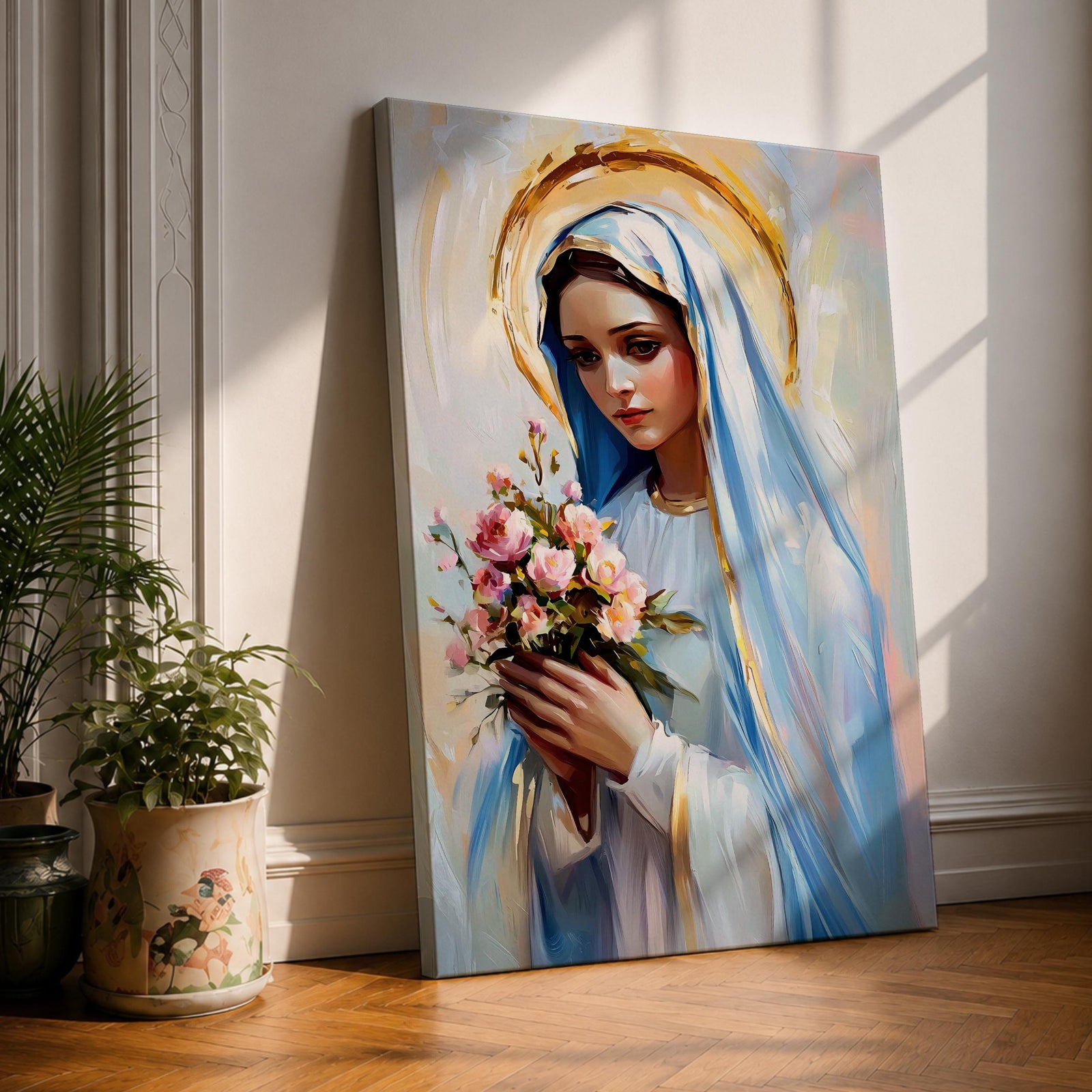 Impressionist style painting of the Virgin Mary wearing a white veil and soft blue mantle while holding a bouquet of pink flowers, with a glowing golden halo behind her head and gentle brushstrokes forming a serene devotional portrait of the Blessed Mother.