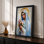 Impressionist style painting of the Virgin Mary wearing a white veil and soft blue mantle while holding a bouquet of pink flowers, with a glowing golden halo behind her head and gentle brushstrokes forming a serene devotional portrait of the Blessed Mother.