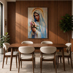 Impressionist style painting of the Virgin Mary wearing a white veil and soft blue mantle while holding a bouquet of pink flowers, with a glowing golden halo behind her head and gentle brushstrokes forming a serene devotional portrait of the Blessed Mother.