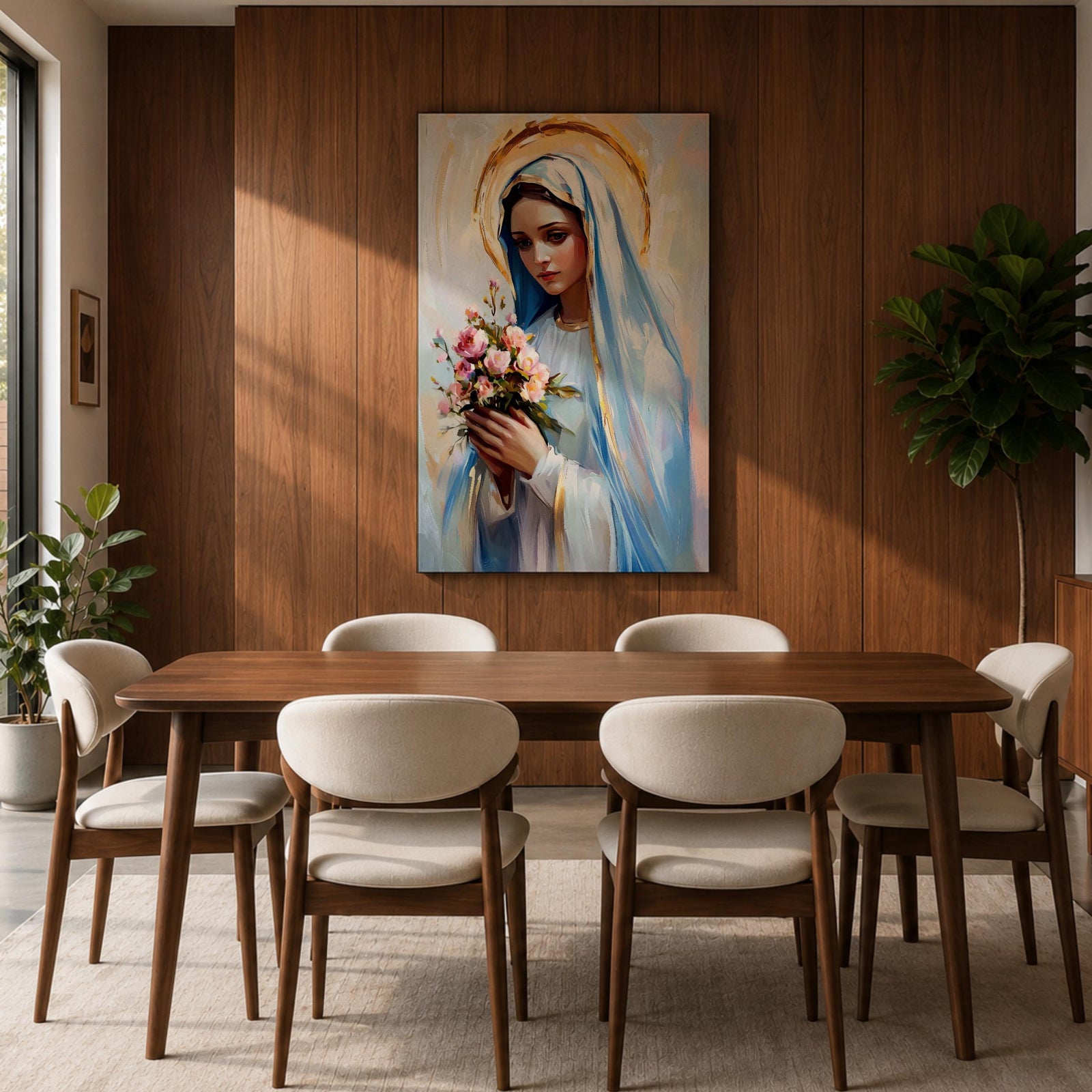 Impressionist style painting of the Virgin Mary wearing a white veil and soft blue mantle while holding a bouquet of pink flowers, with a glowing golden halo behind her head and gentle brushstrokes forming a serene devotional portrait of the Blessed Mother.