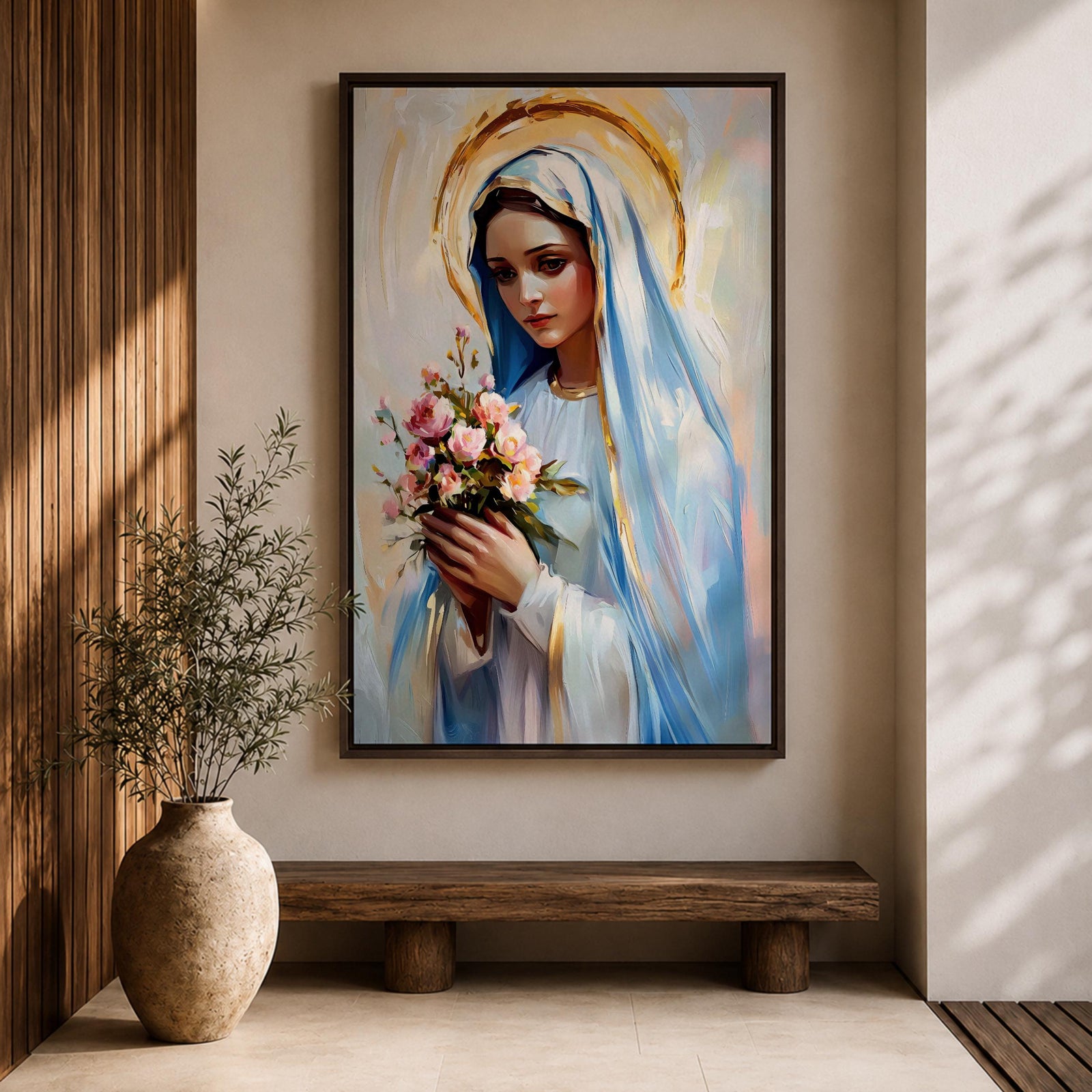 Impressionist style painting of the Virgin Mary wearing a white veil and soft blue mantle while holding a bouquet of pink flowers, with a glowing golden halo behind her head and gentle brushstrokes forming a serene devotional portrait of the Blessed Mother.