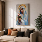 Impressionist style painting of the Virgin Mary wearing a white veil and soft blue mantle while holding a bouquet of pink flowers, with a glowing golden halo behind her head and gentle brushstrokes forming a serene devotional portrait of the Blessed Mother.