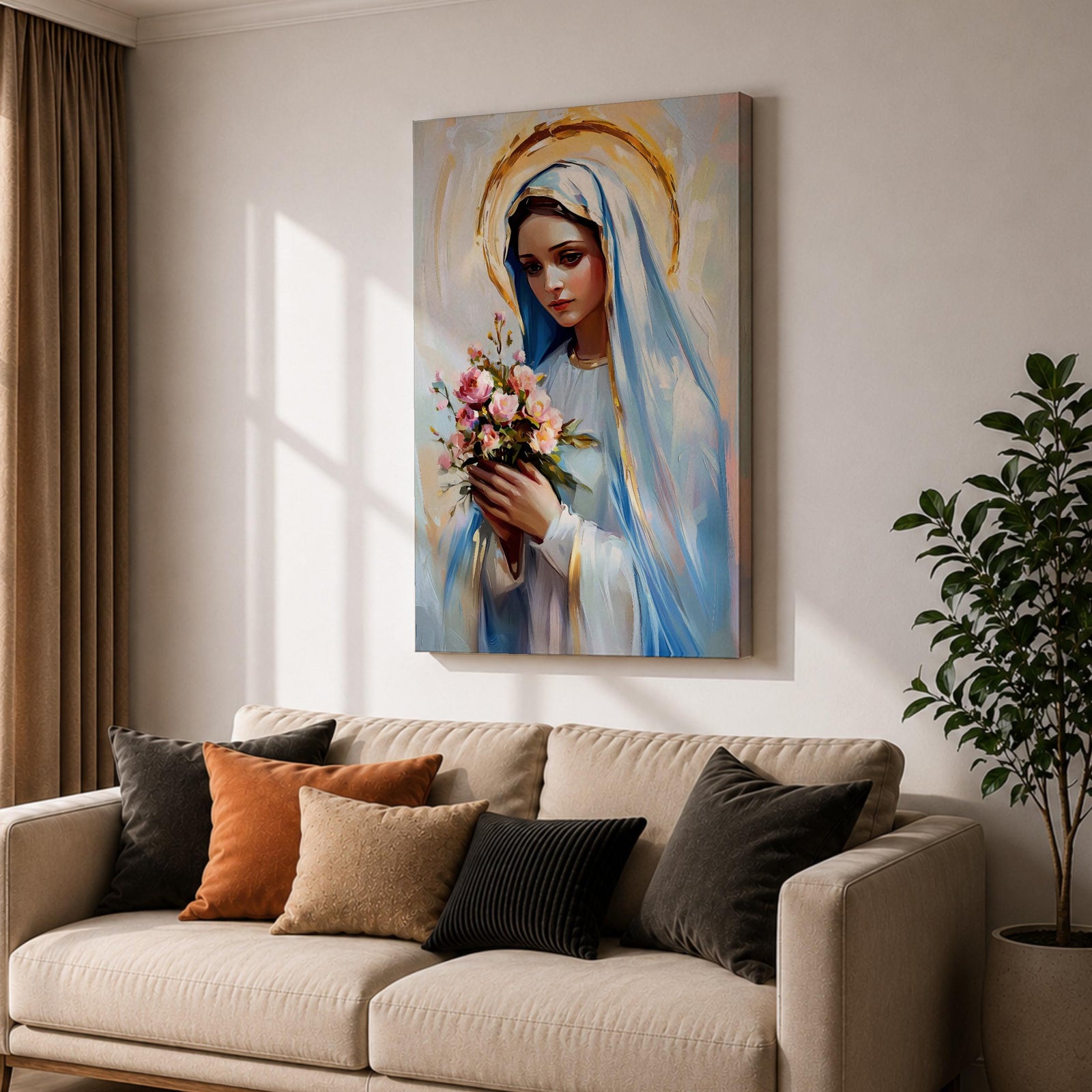 Impressionist style painting of the Virgin Mary wearing a white veil and soft blue mantle while holding a bouquet of pink flowers, with a glowing golden halo behind her head and gentle brushstrokes forming a serene devotional portrait of the Blessed Mother.
