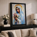 Impressionist style painting of the Virgin Mary wearing a white veil and soft blue mantle while holding a bouquet of pink flowers, with a glowing golden halo behind her head and gentle brushstrokes forming a serene devotional portrait of the Blessed Mother.