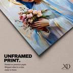 Impressionist style painting of the Virgin Mary wearing a white veil and soft blue mantle while holding a bouquet of pink flowers, with a glowing golden halo behind her head and gentle brushstrokes forming a serene devotional portrait of the Blessed Mother.