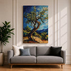 A vibrant impasto painting of a twisted olive tree with thick textured brushstrokes inspired by Van Gogh’s style. The artwork features swirling blue skies and dynamic foliage, capturing a lively landscape scene with expressive color and movement.