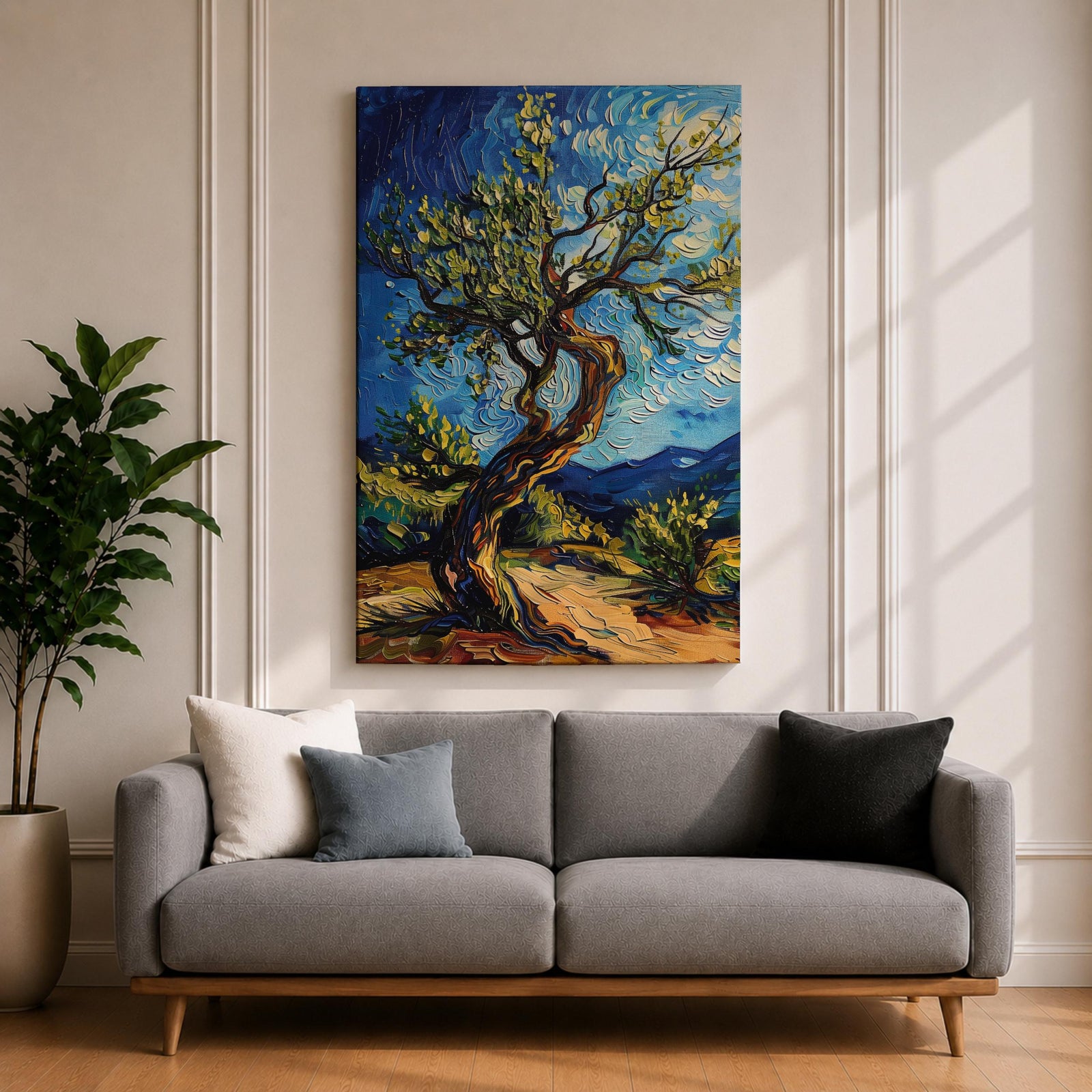 A vibrant impasto painting of a twisted olive tree with thick textured brushstrokes inspired by Van Gogh’s style. The artwork features swirling blue skies and dynamic foliage, capturing a lively landscape scene with expressive color and movement.