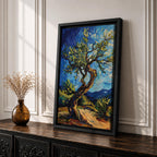 A vibrant impasto painting of a twisted olive tree with thick textured brushstrokes inspired by Van Gogh’s style. The artwork features swirling blue skies and dynamic foliage, capturing a lively landscape scene with expressive color and movement.