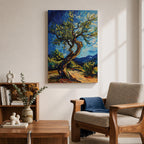 A vibrant impasto painting of a twisted olive tree with thick textured brushstrokes inspired by Van Gogh’s style. The artwork features swirling blue skies and dynamic foliage, capturing a lively landscape scene with expressive color and movement.