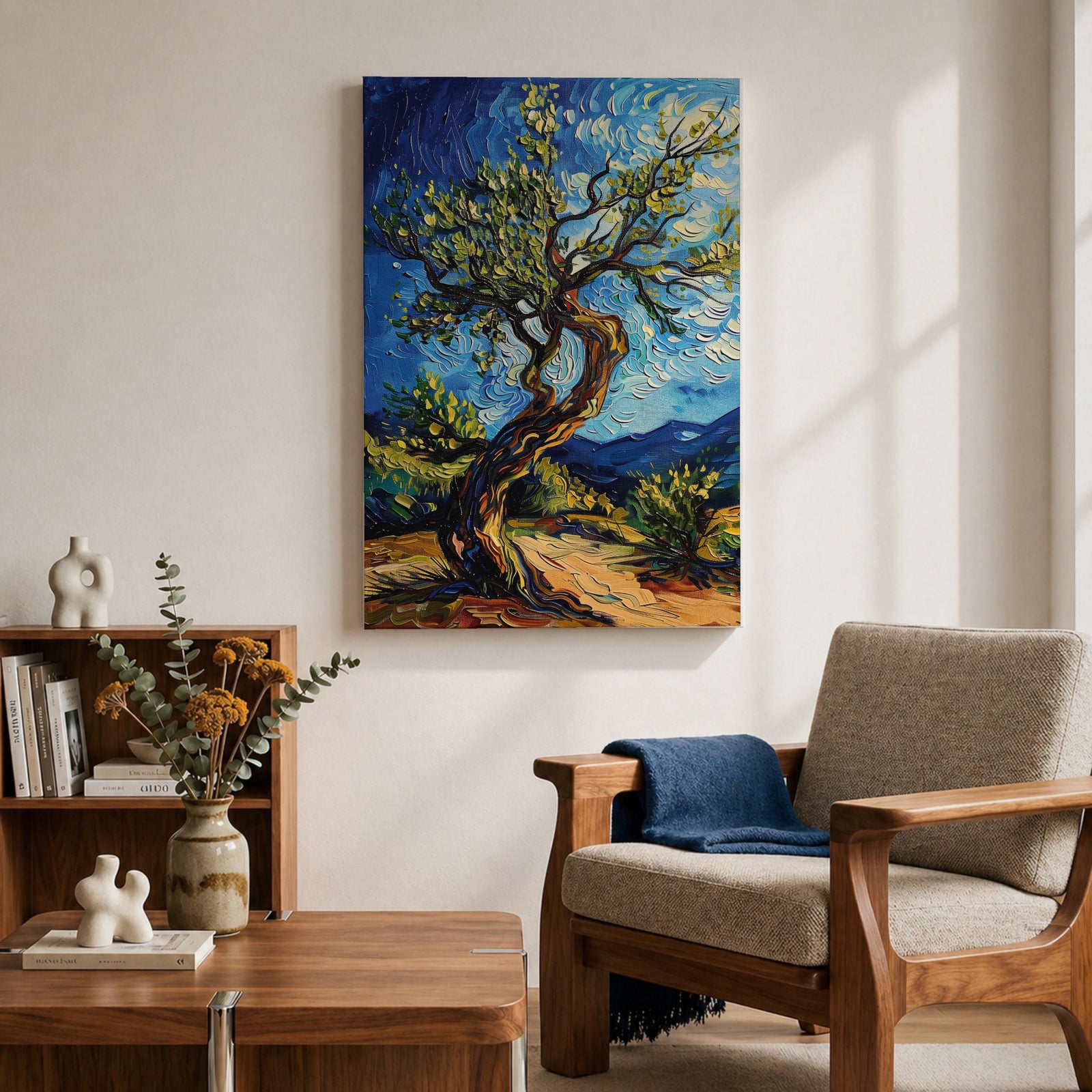 A vibrant impasto painting of a twisted olive tree with thick textured brushstrokes inspired by Van Gogh’s style. The artwork features swirling blue skies and dynamic foliage, capturing a lively landscape scene with expressive color and movement.