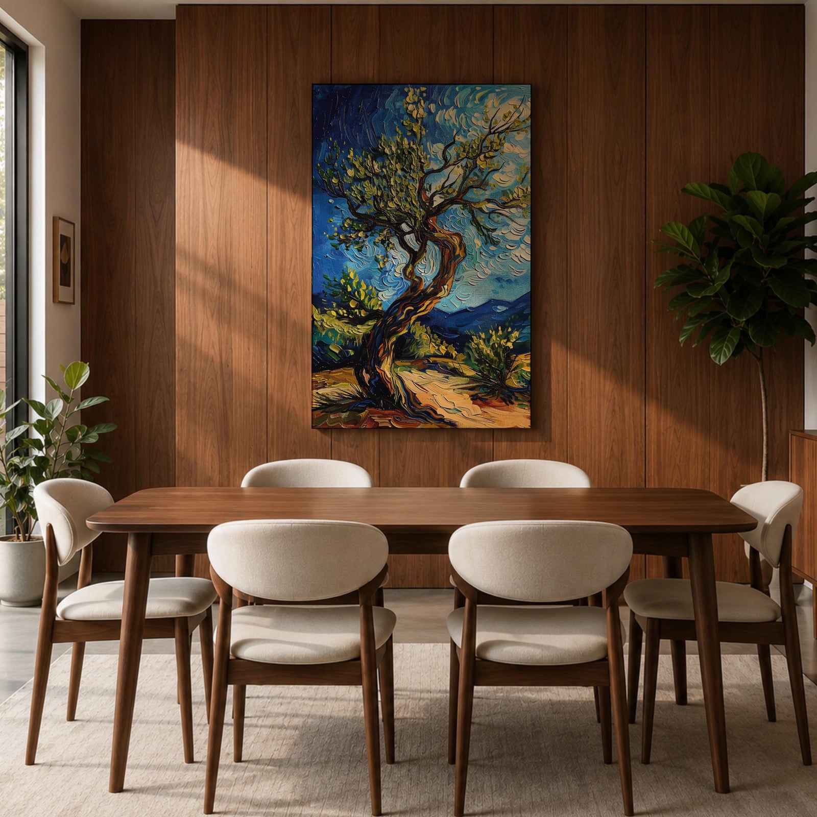 A vibrant impasto painting of a twisted olive tree with thick textured brushstrokes inspired by Van Gogh’s style. The artwork features swirling blue skies and dynamic foliage, capturing a lively landscape scene with expressive color and movement.