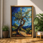 A vibrant impasto painting of a twisted olive tree with thick textured brushstrokes inspired by Van Gogh’s style. The artwork features swirling blue skies and dynamic foliage, capturing a lively landscape scene with expressive color and movement.