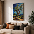 A vibrant impasto painting of a twisted olive tree with thick textured brushstrokes inspired by Van Gogh’s style. The artwork features swirling blue skies and dynamic foliage, capturing a lively landscape scene with expressive color and movement.