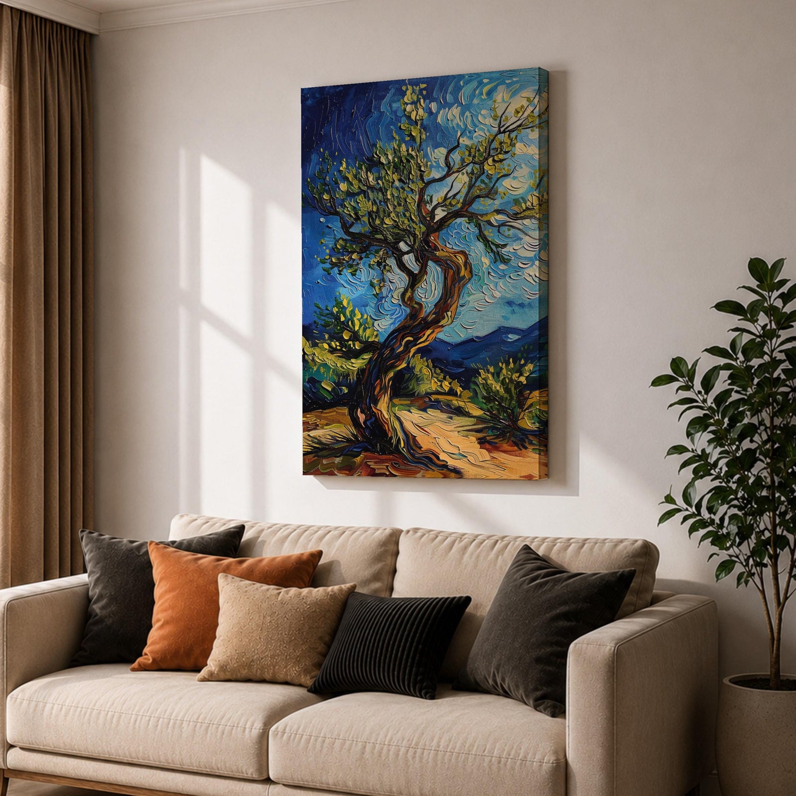 A vibrant impasto painting of a twisted olive tree with thick textured brushstrokes inspired by Van Gogh’s style. The artwork features swirling blue skies and dynamic foliage, capturing a lively landscape scene with expressive color and movement.