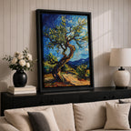 A vibrant impasto painting of a twisted olive tree with thick textured brushstrokes inspired by Van Gogh’s style. The artwork features swirling blue skies and dynamic foliage, capturing a lively landscape scene with expressive color and movement.