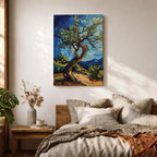 A vibrant impasto painting of a twisted olive tree with thick textured brushstrokes inspired by Van Gogh’s style. The artwork features swirling blue skies and dynamic foliage, capturing a lively landscape scene with expressive color and movement.