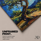 A vibrant impasto painting of a twisted olive tree with thick textured brushstrokes inspired by Van Gogh’s style. The artwork features swirling blue skies and dynamic foliage, capturing a lively landscape scene with expressive color and movement.