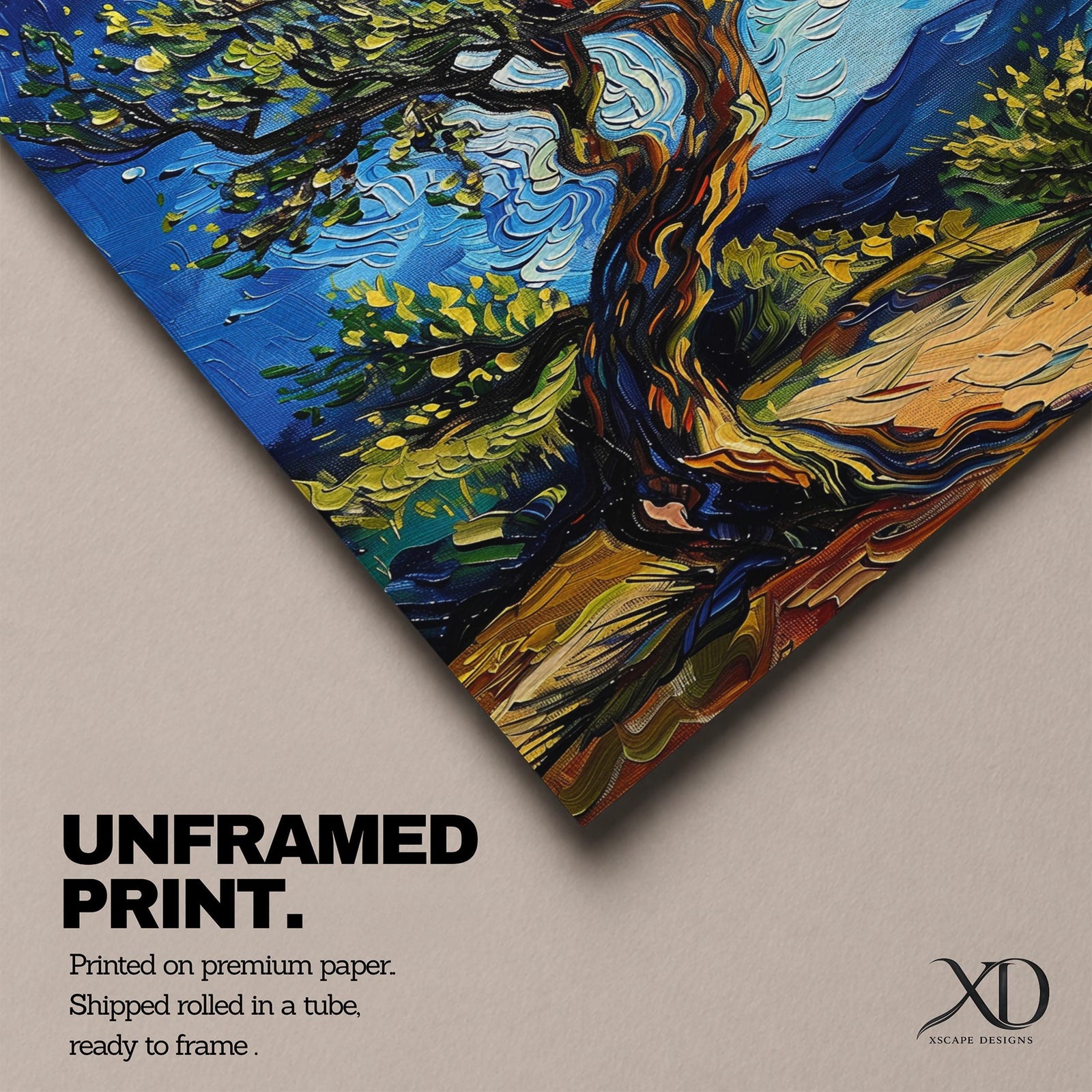 A vibrant impasto painting of a twisted olive tree with thick textured brushstrokes inspired by Van Gogh’s style. The artwork features swirling blue skies and dynamic foliage, capturing a lively landscape scene with expressive color and movement.