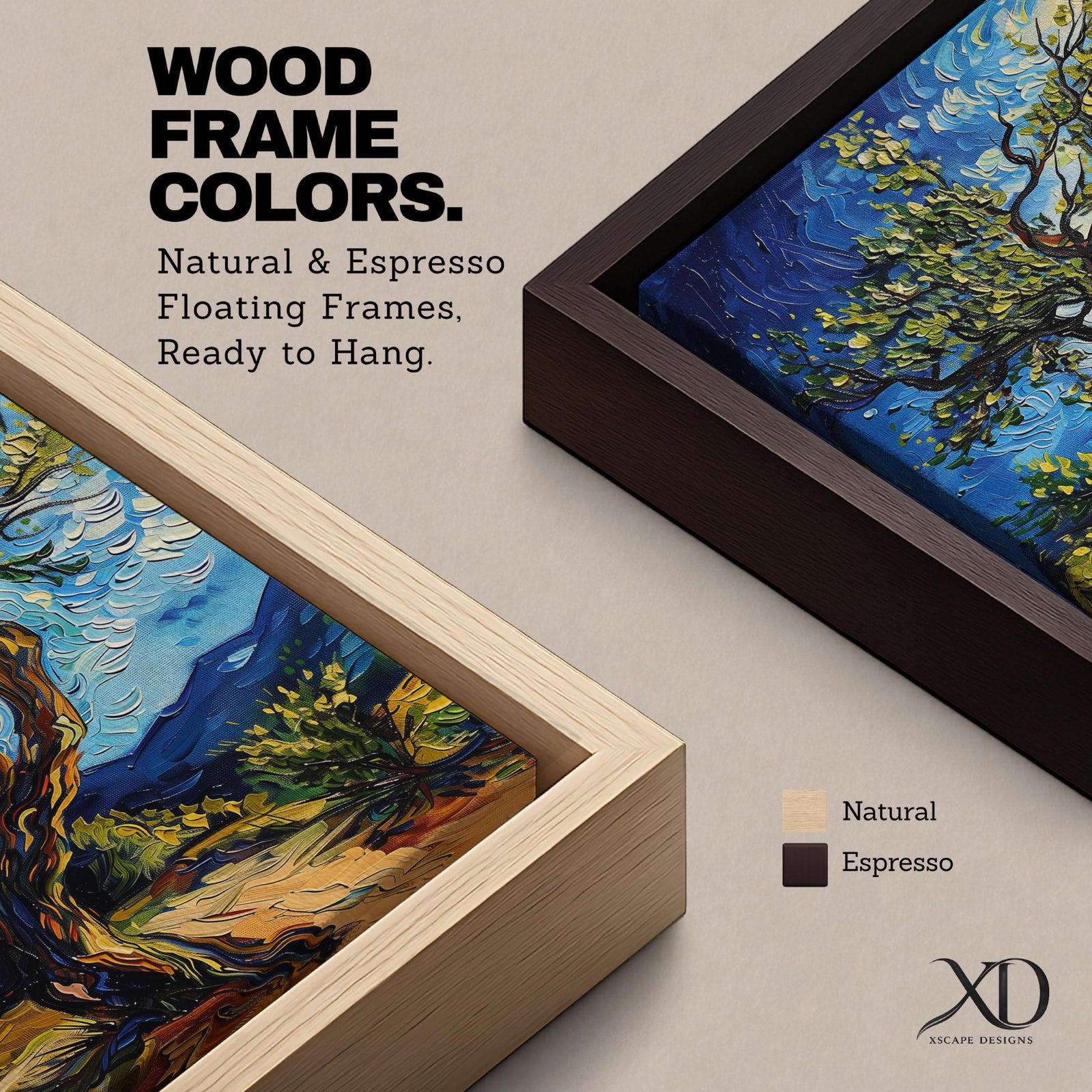 A vibrant impasto painting of a twisted olive tree with thick textured brushstrokes inspired by Van Gogh’s style. The artwork features swirling blue skies and dynamic foliage, capturing a lively landscape scene with expressive color and movement.