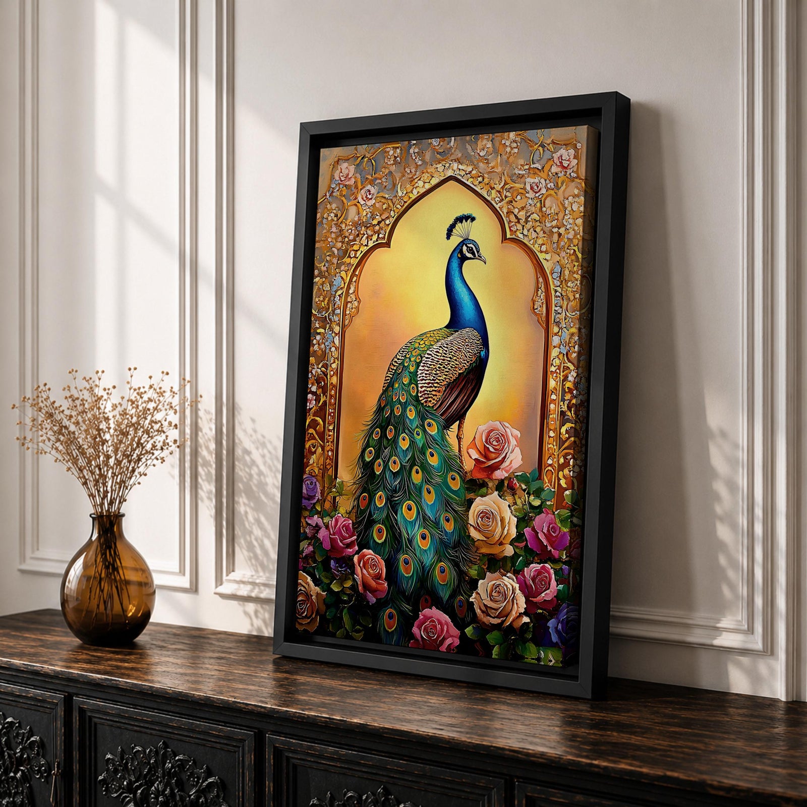Peacock Bird Wall Art Indian Royal Mughal Floral Nature Gift Living Room Home Decor