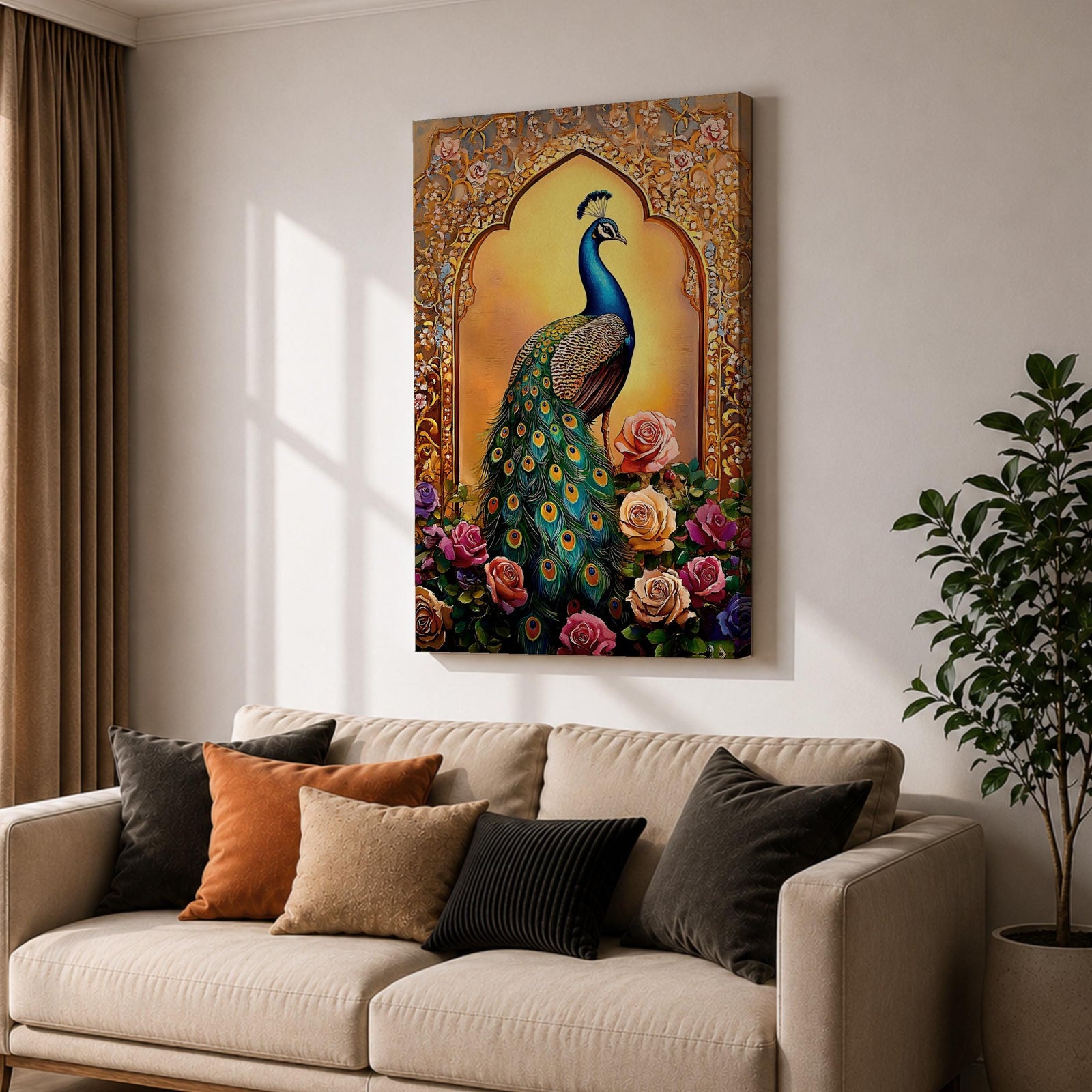 Peacock Bird Wall Art Indian Royal Mughal Floral Nature Gift Living Room Home Decor