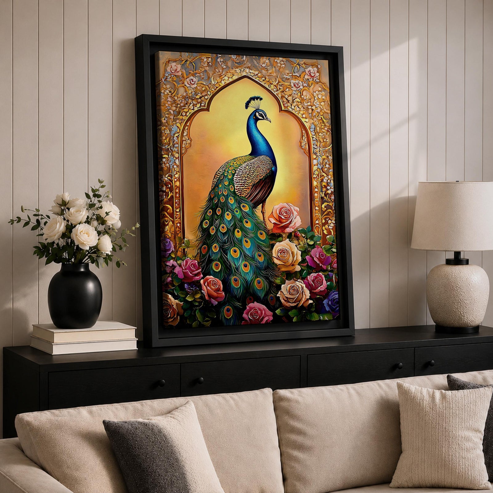 Peacock Bird Wall Art Indian Royal Mughal Floral Nature Gift Living Room Home Decor