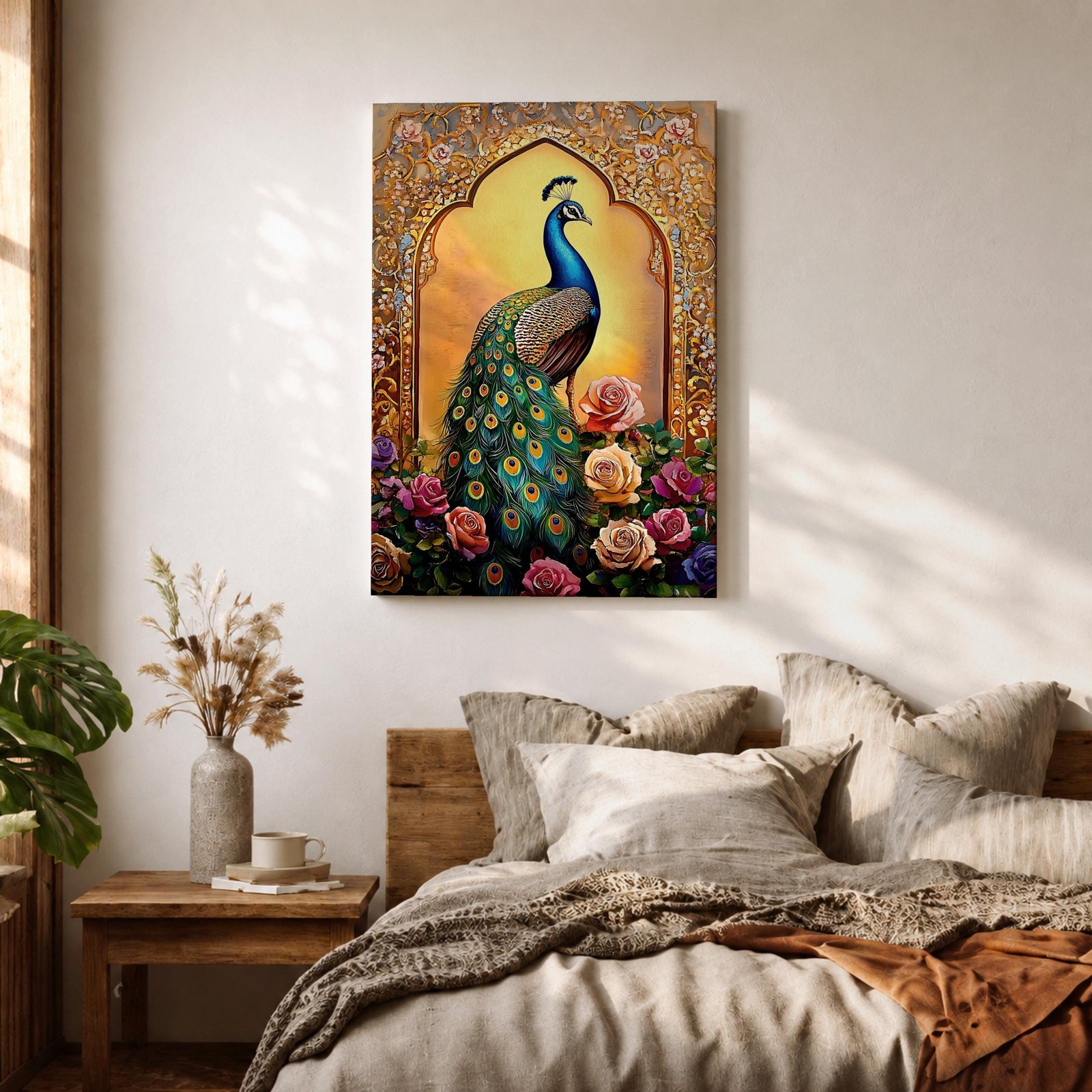 Peacock Bird Wall Art Indian Royal Mughal Floral Nature Gift Living Room Home Decor