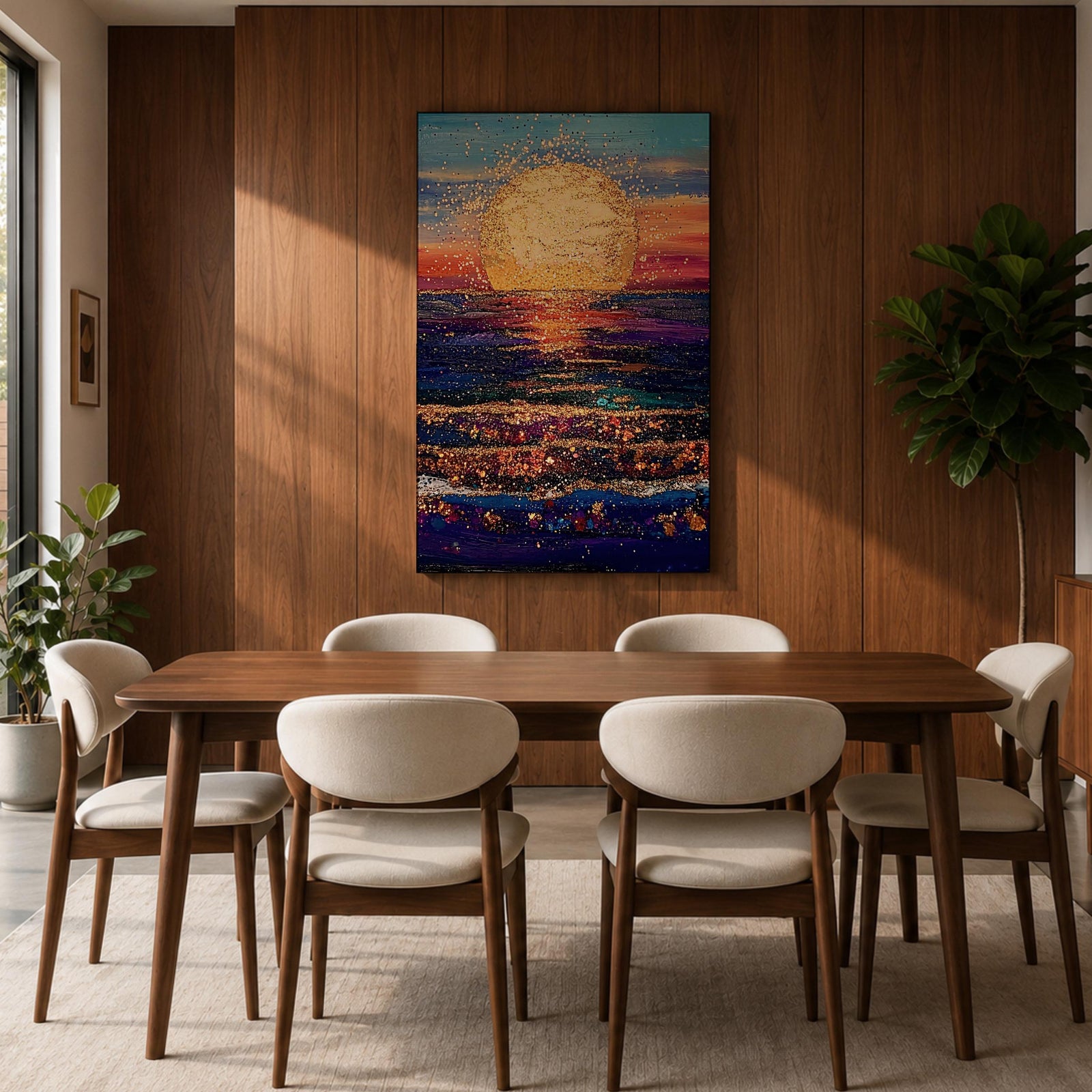A vibrant painting of a large golden sun setting over a textured ocean horizon, featuring shimmering reflections on the water and a colorful sky blending blues, purples, and warm sunset tones. The artwork captures a peaceful coastal landscape with a focus on light and natural beauty.