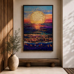 A vibrant painting of a large golden sun setting over a textured ocean horizon, featuring shimmering reflections on the water and a colorful sky blending blues, purples, and warm sunset tones. The artwork captures a peaceful coastal landscape with a focus on light and natural beauty.