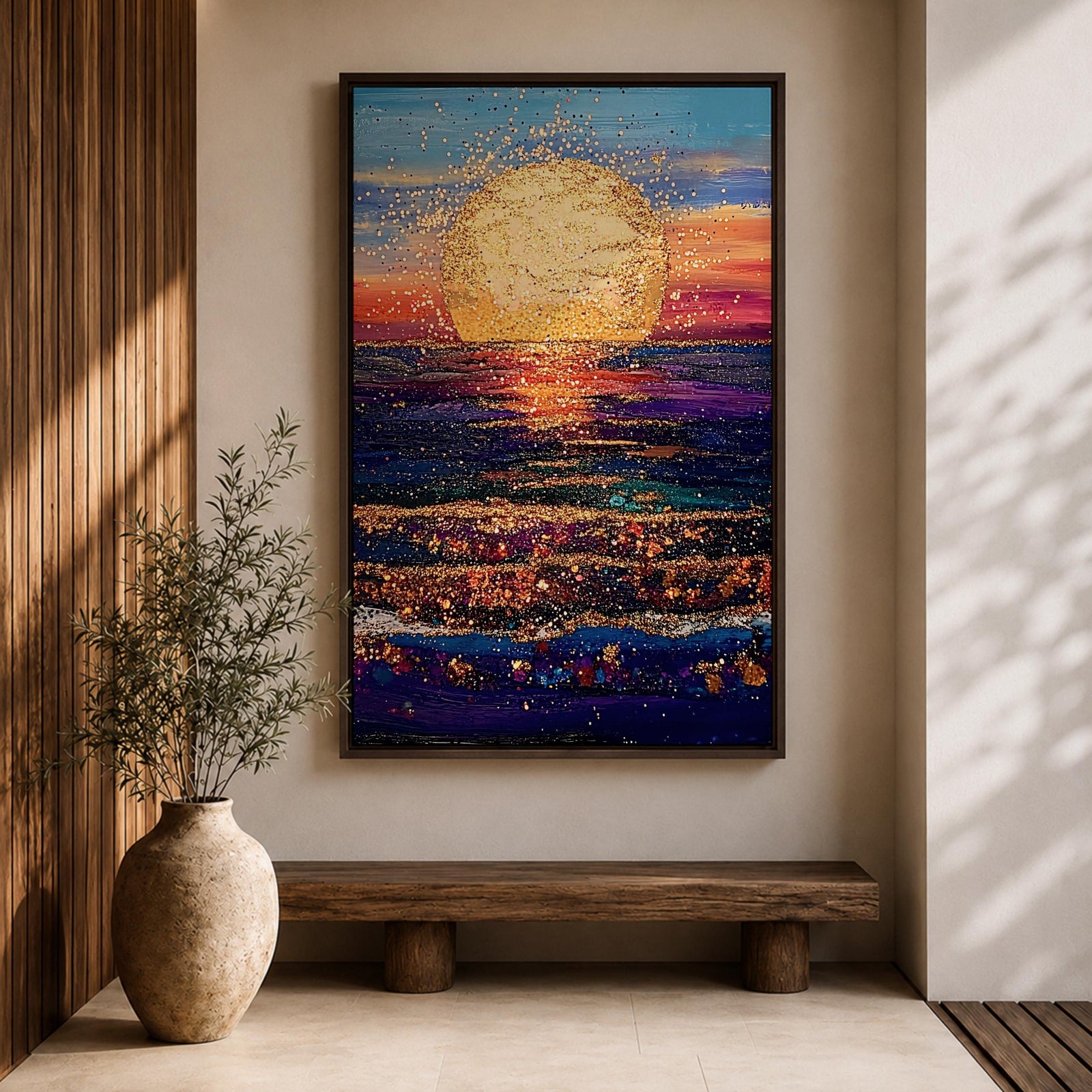 A vibrant painting of a large golden sun setting over a textured ocean horizon, featuring shimmering reflections on the water and a colorful sky blending blues, purples, and warm sunset tones. The artwork captures a peaceful coastal landscape with a focus on light and natural beauty.