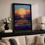 A vibrant painting of a large golden sun setting over a textured ocean horizon, featuring shimmering reflections on the water and a colorful sky blending blues, purples, and warm sunset tones. The artwork captures a peaceful coastal landscape with a focus on light and natural beauty.