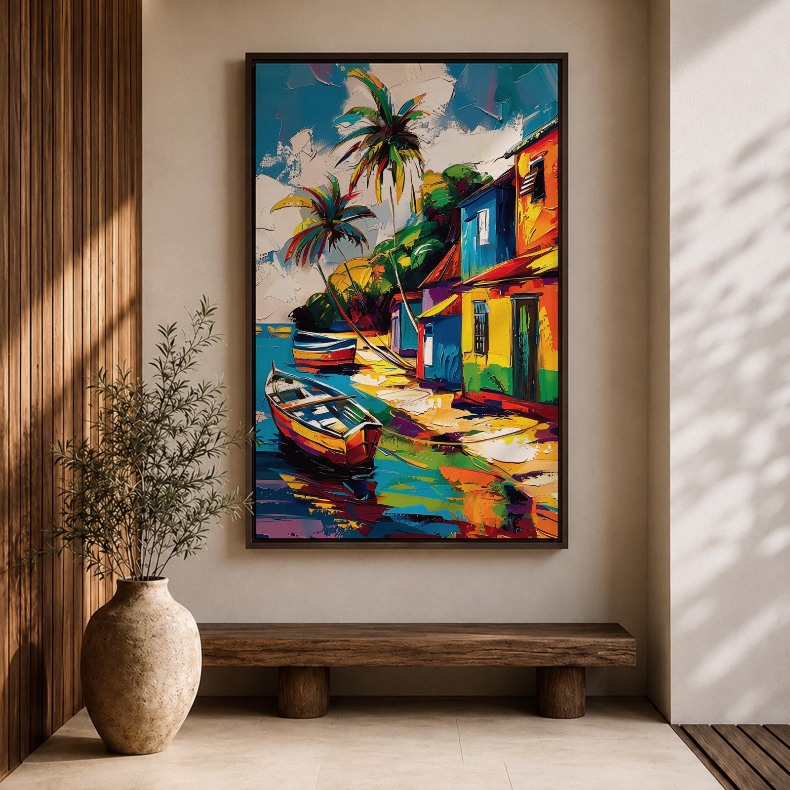 A vibrant painting of a Caribbean village featuring colorful houses along a waterfront with two boats docked near the shore and tall palm trees under a bright sky. The style is bold and lively with strong brushstrokes and vivid colors, capturing a tropical coastal landscape scene.
