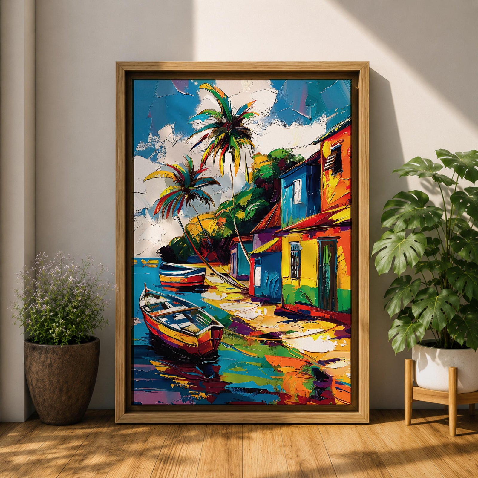A vibrant painting of a Caribbean village featuring colorful houses along a waterfront with two boats docked near the shore and tall palm trees under a bright sky. The style is bold and lively with strong brushstrokes and vivid colors, capturing a tropical coastal landscape scene.