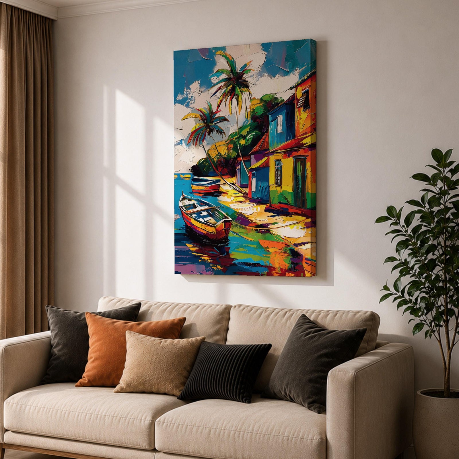 A vibrant painting of a Caribbean village featuring colorful houses along a waterfront with two boats docked near the shore and tall palm trees under a bright sky. The style is bold and lively with strong brushstrokes and vivid colors, capturing a tropical coastal landscape scene.