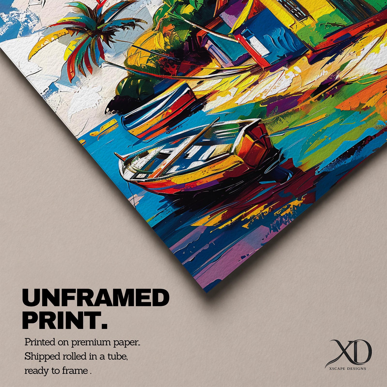 A vibrant painting of a Caribbean village featuring colorful houses along a waterfront with two boats docked near the shore and tall palm trees under a bright sky. The style is bold and lively with strong brushstrokes and vivid colors, capturing a tropical coastal landscape scene.