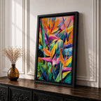 A vibrant watercolor style painting of Bird of Paradise flowers (Strelitzia) featuring bold tropical leaves and bright orange, yellow, and purple petals arranged in a lush, colorful composition with a boho aesthetic.
