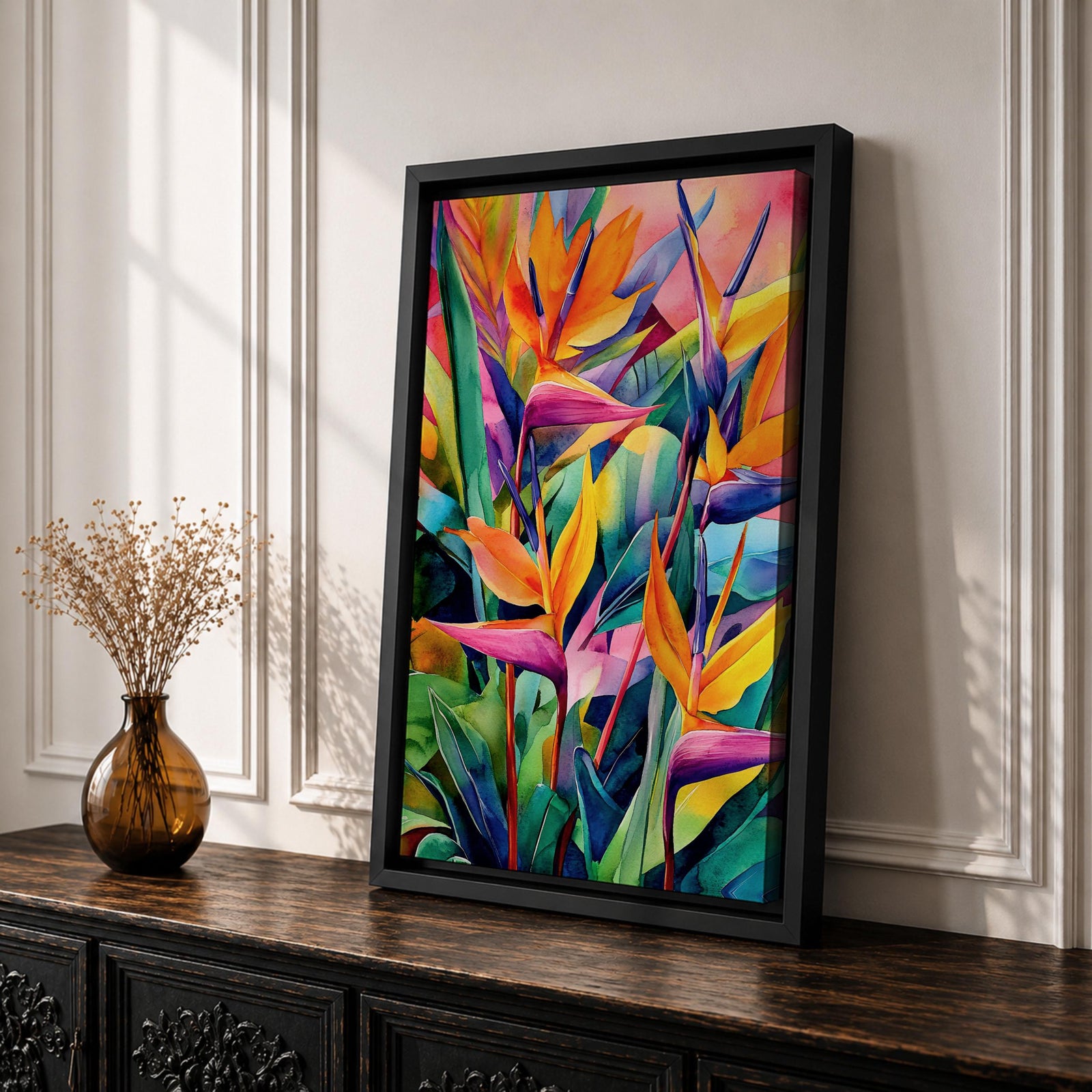A vibrant watercolor style painting of Bird of Paradise flowers (Strelitzia) featuring bold tropical leaves and bright orange, yellow, and purple petals arranged in a lush, colorful composition with a boho aesthetic.