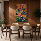 A vibrant watercolor style painting of Bird of Paradise flowers (Strelitzia) featuring bold tropical leaves and bright orange, yellow, and purple petals arranged in a lush, colorful composition with a boho aesthetic.