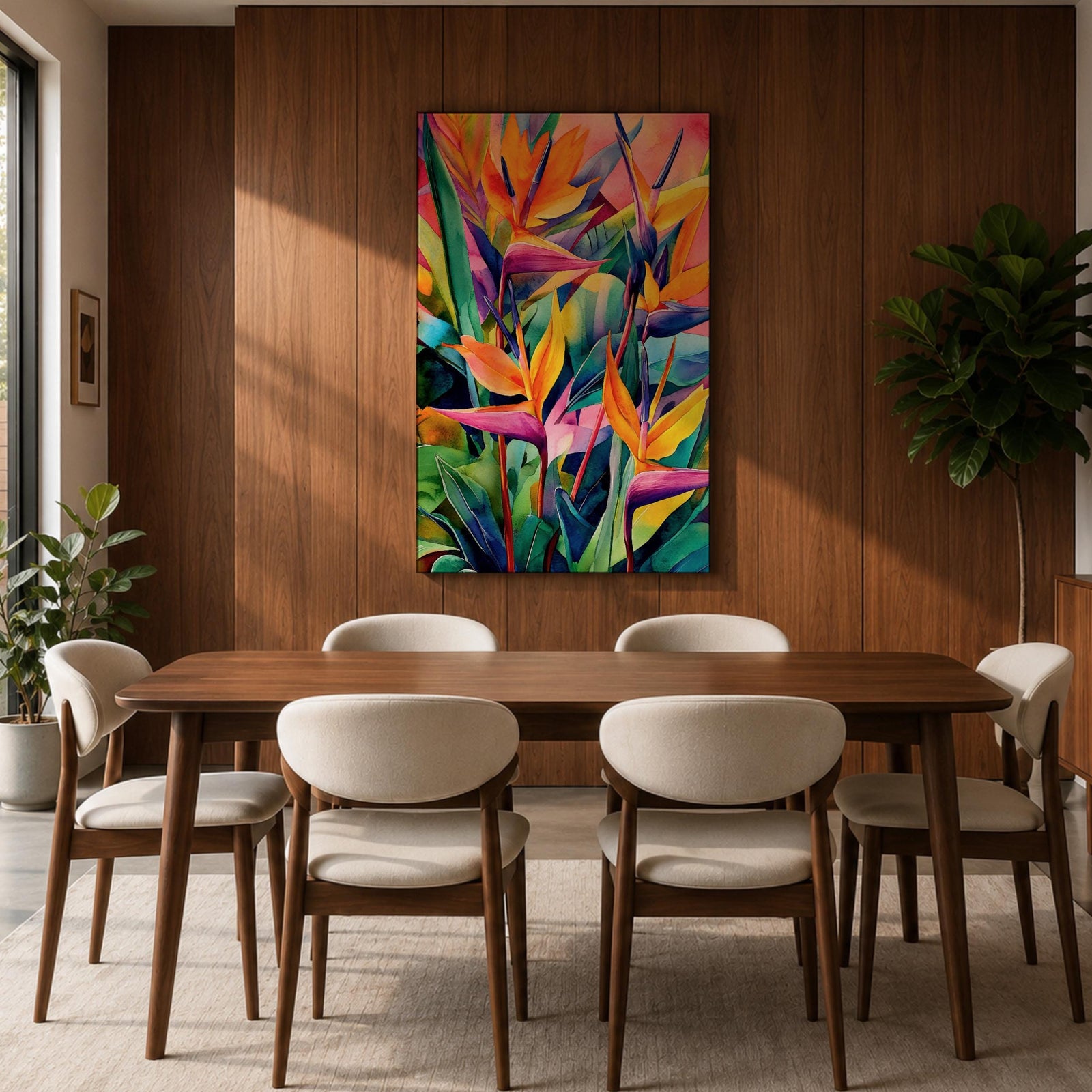 A vibrant watercolor style painting of Bird of Paradise flowers (Strelitzia) featuring bold tropical leaves and bright orange, yellow, and purple petals arranged in a lush, colorful composition with a boho aesthetic.
