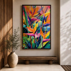 A vibrant watercolor style painting of Bird of Paradise flowers (Strelitzia) featuring bold tropical leaves and bright orange, yellow, and purple petals arranged in a lush, colorful composition with a boho aesthetic.