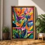 A vibrant watercolor style painting of Bird of Paradise flowers (Strelitzia) featuring bold tropical leaves and bright orange, yellow, and purple petals arranged in a lush, colorful composition with a boho aesthetic.