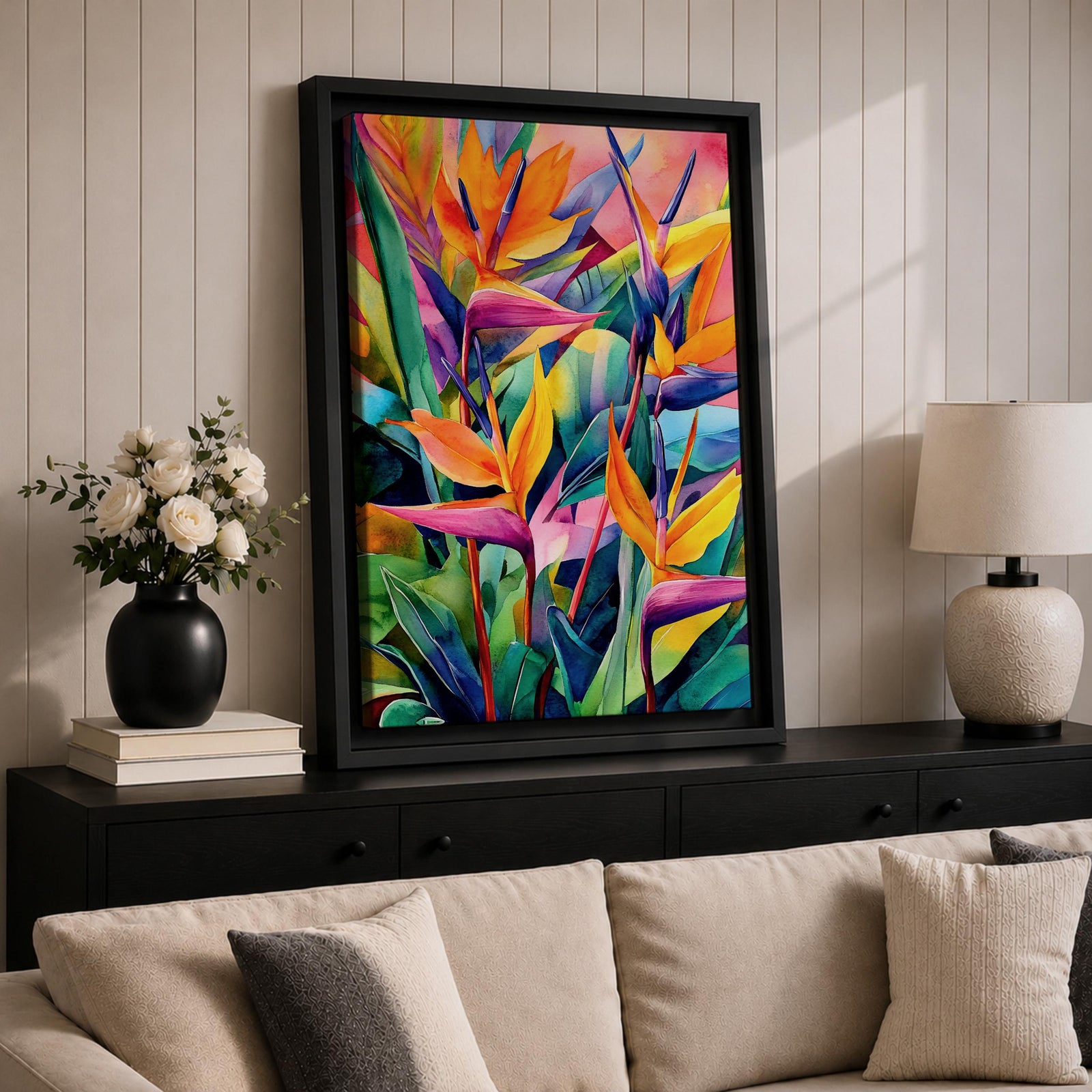 A vibrant watercolor style painting of Bird of Paradise flowers (Strelitzia) featuring bold tropical leaves and bright orange, yellow, and purple petals arranged in a lush, colorful composition with a boho aesthetic.