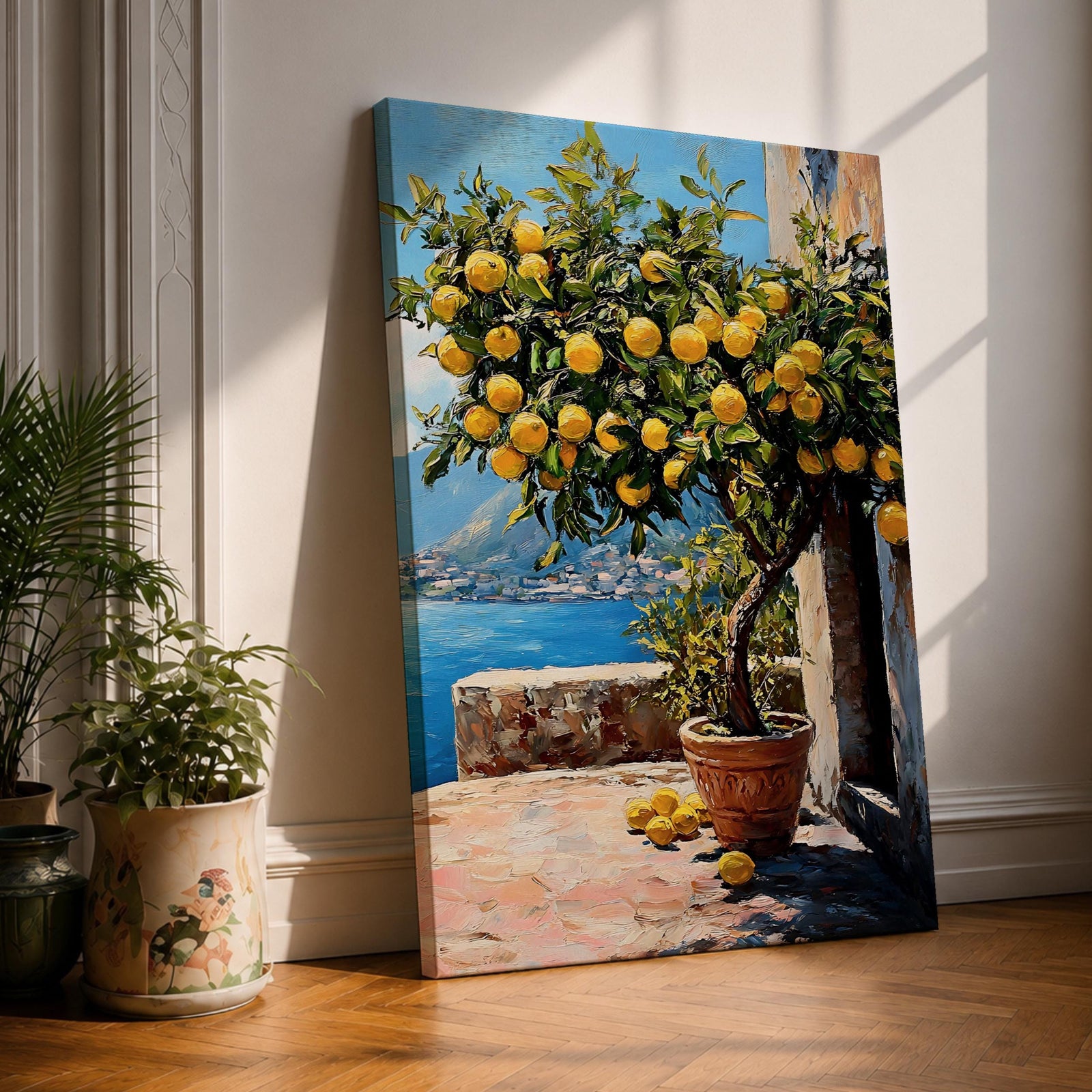 A vibrant painting of a lemon tree laden with ripe yellow lemons in a terracotta pot on a sunlit terrace overlooking a blue sea and distant mountains, rendered in a realistic style with rich textures and detailed foliage.