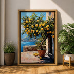 A vibrant painting of a lemon tree laden with ripe yellow lemons in a terracotta pot on a sunlit terrace overlooking a blue sea and distant mountains, rendered in a realistic style with rich textures and detailed foliage.