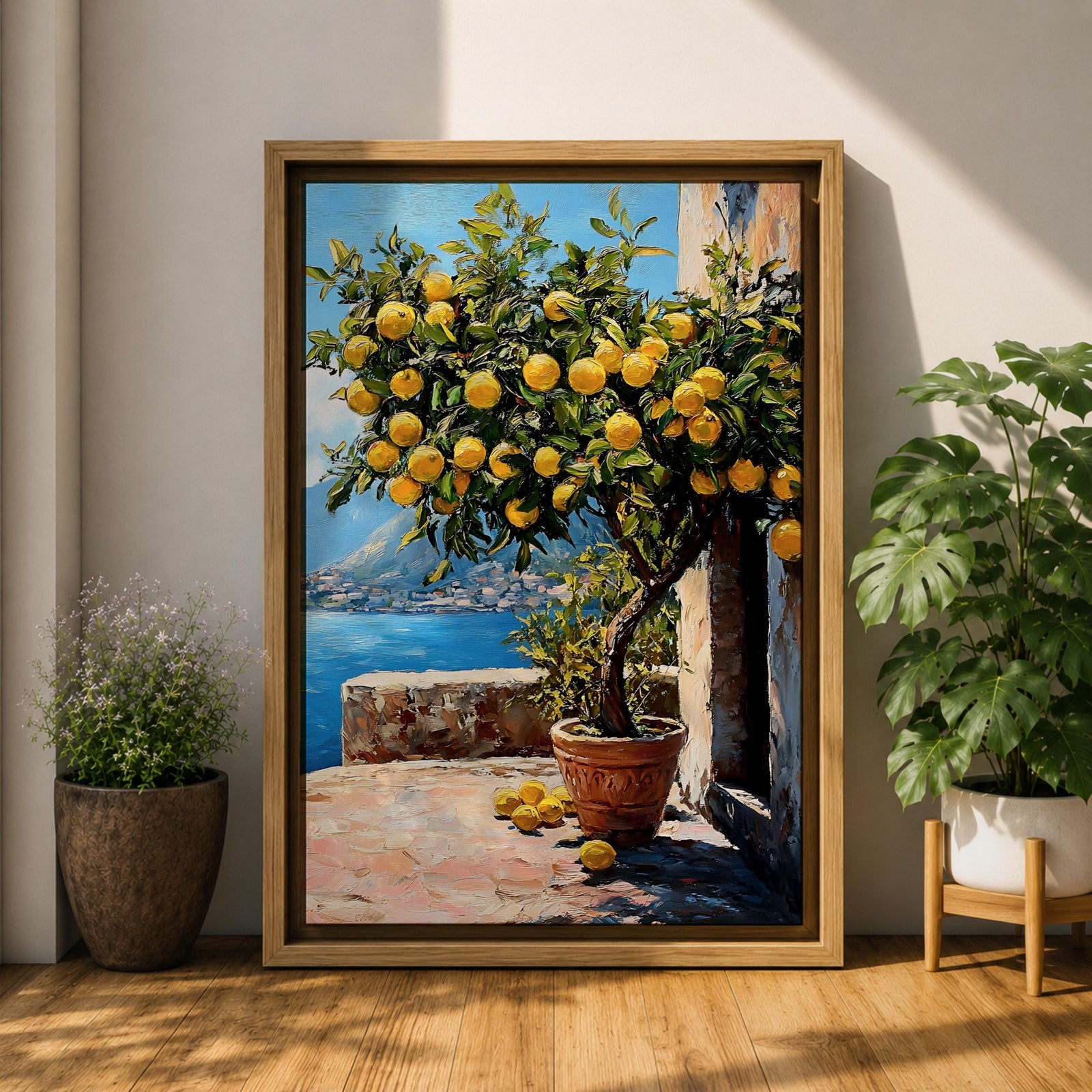A vibrant painting of a lemon tree laden with ripe yellow lemons in a terracotta pot on a sunlit terrace overlooking a blue sea and distant mountains, rendered in a realistic style with rich textures and detailed foliage.