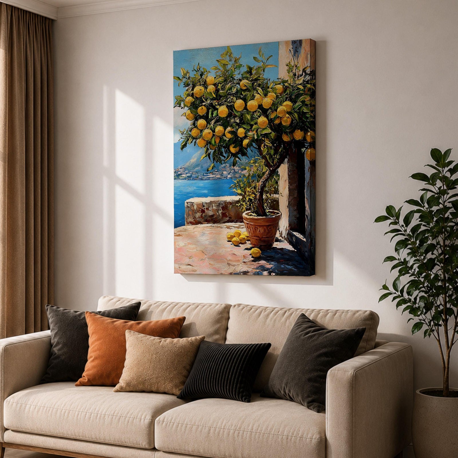 A vibrant painting of a lemon tree laden with ripe yellow lemons in a terracotta pot on a sunlit terrace overlooking a blue sea and distant mountains, rendered in a realistic style with rich textures and detailed foliage.