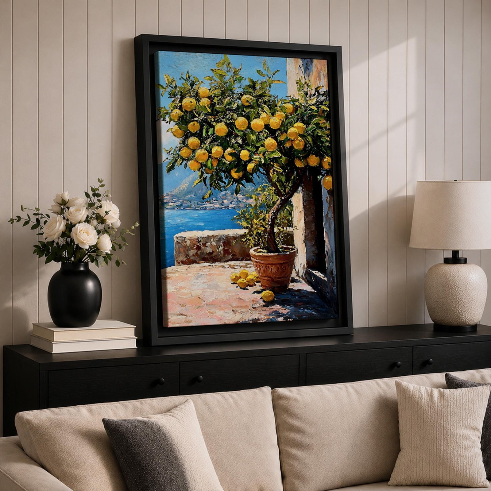 A vibrant painting of a lemon tree laden with ripe yellow lemons in a terracotta pot on a sunlit terrace overlooking a blue sea and distant mountains, rendered in a realistic style with rich textures and detailed foliage.
