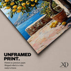 A vibrant painting of a lemon tree laden with ripe yellow lemons in a terracotta pot on a sunlit terrace overlooking a blue sea and distant mountains, rendered in a realistic style with rich textures and detailed foliage.