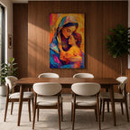 Vibrant mosaic style painting of Mary and Child showing the Virgin Mary gently embracing baby Jesus with both surrounded by glowing golden halos, rendered with bold geometric brushstrokes in bright blues, oranges, reds, and yellows forming a colorful devotional Christian portrait.